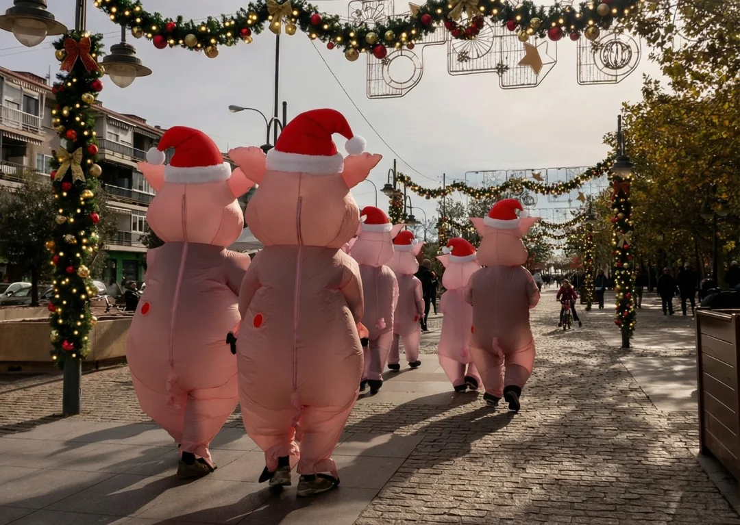 Cerdos de Alright caminando por una calle decorada para Navidad